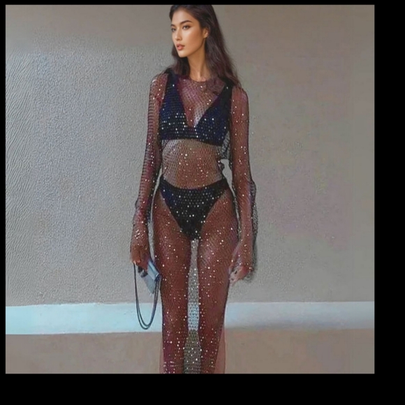🆕 LISTING!! BNWOT CRYSTAL RHINESTONE OPEN FISHNET MAXI DRESS - Picture 2 of 9
